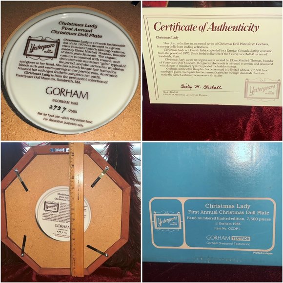 VTG Gorham Christmas Lady Doll Holiday Plate in Wood-Like Display with Box & COA - Picture 3 of 12